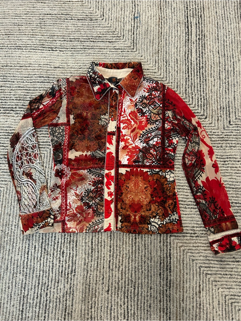 Y2k Anac by Kimi Sheer red mesh goth long sleeve shirt size Large button up
